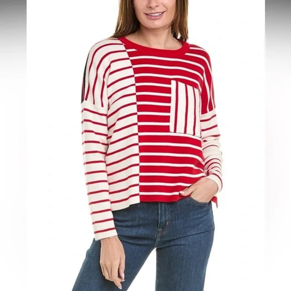 Cabi Red White Striped Contrast Pocket Sweater Women’s Small - Picture 2 of 8